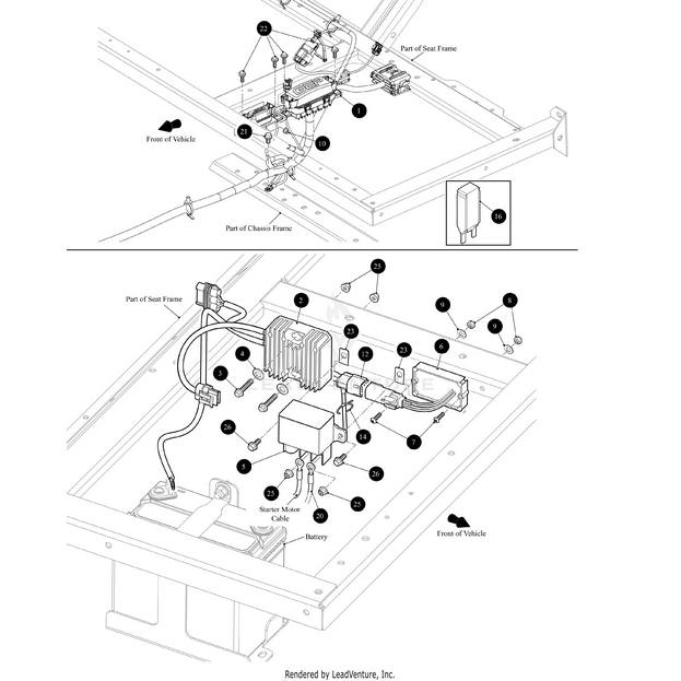Black and white technical diagram of a vehicle’s electrical system, showing labeled parts like relays, battery, and connectors, including the Xtr Main Rear Harness by Arctic Cat and other OEM Arctic Cat components.