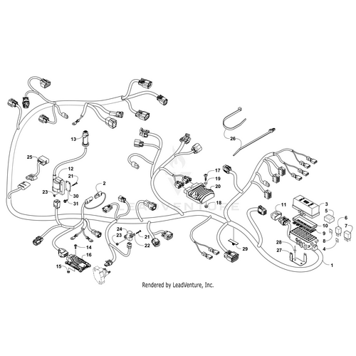 Black and white technical diagram of the Fuse Block Decal by Arctic Cat, with labeled connectors and components. Numbered callouts make it easy to identify OEM parts, wiring harnesses, and connections for UTV electronics and accessories.