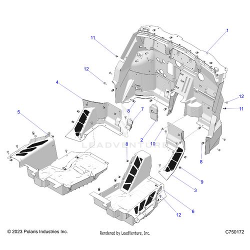 An Image of a Genuine Polaris Parts Schematic Diagram showing the schematic - BODY: FRONT CLOSEOFF AND FLOOR PANELS - 2025 POLARIS RZR PRO XP SPORT