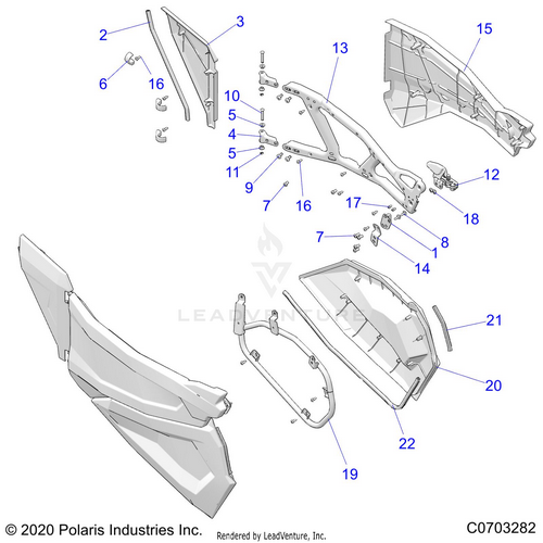 An Image of a Genuine Polaris Parts Schematic Diagram showing the schematic - BODY: DOORS - 2021 POLARIS RZR XP 1000 TRAILS & ROCKS