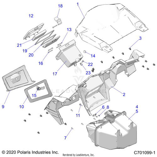 An Image of a Genuine Polaris Parts Schematic Diagram showing the schematic - BODY: DASH AND GLOVEBOX - 2020 POLARIS RZR 900 EPS RIDE COMMAND