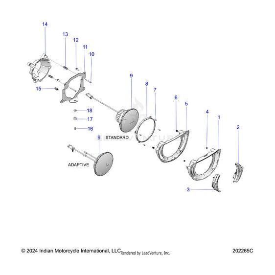 Exploded diagram of Headlight Adapt 7 Intl Black [Adaptive LED] for Polaris, showing labeled parts and assembly order with numbered OEM components. Includes Polaris branding and copyright.