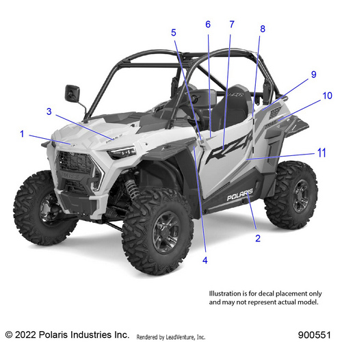 An Image of a Genuine Polaris Parts Schematic Diagram showing the schematic - BODY: DECALS GRAPHICS - 2023 POLARIS RZR TRAIL S 1000 EPS
