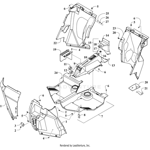 Exploded diagram of vehicle interior parts featuring the Snap Cap Cover- Black by Arctic Cat and other OEM Arctic Cat parts, with numbered labels for panels, brackets, and hardware to illustrate the assembly of floor and side structures.