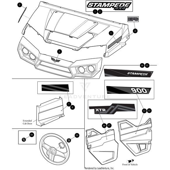 Diagram showing labeled parts and decals for a Stampede off-road vehicle, including hood, front panel, side panels, steering wheel, and stickers—such as the Cowl Decal Left by Arctic Cat—plus OEM Arctic Cat parts from Witchdoctors.com.
