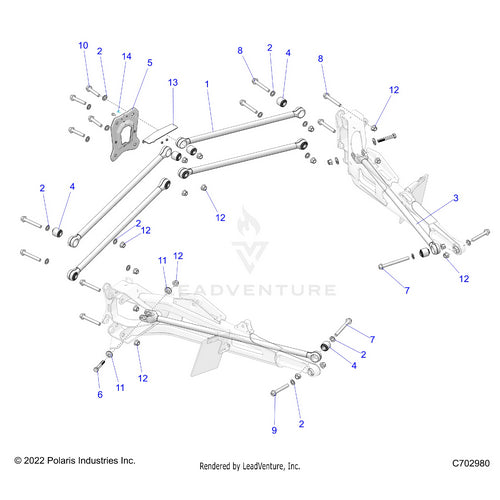 An Image of a Genuine Polaris Parts Schematic Diagram showing the schematic - SUSPENSION: REAR TRAILING ARMS MOUNTING - 2022 POLARIS RZR TURBO R 4 SPORT