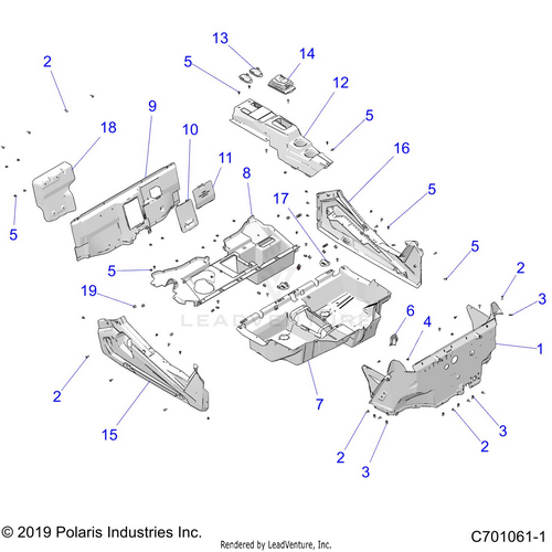 An Image of a Genuine Polaris Parts Schematic Diagram showing the schematic - BODY: FLOOR and ROCKER PANELS - 2020 POLARIS RZR TURBO S VELOCITY