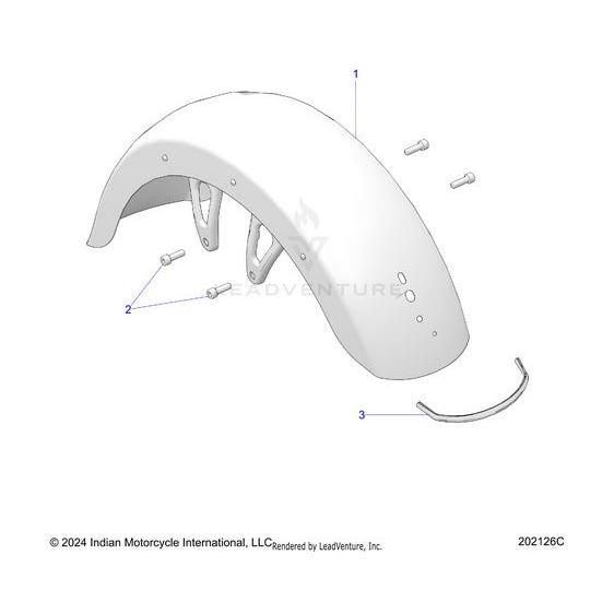 Exploded diagram of the Polaris Fender Trimmed Front Hvymtsm [Heavy Metal Smoke] assembly, showing the curved fender, four screws, two brackets, and a small curved metal piece—all separated and numbered for clarity.