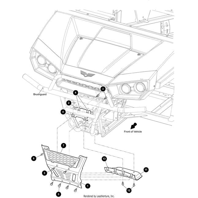 Line drawing of an Arctic Cat UTV’s front end with labeled parts, including the Frame Shield Front Lower by Arctic Cat and the grille. An inset details the grille assembly with numbered OEM components, attachment points, and a front direction arrow.