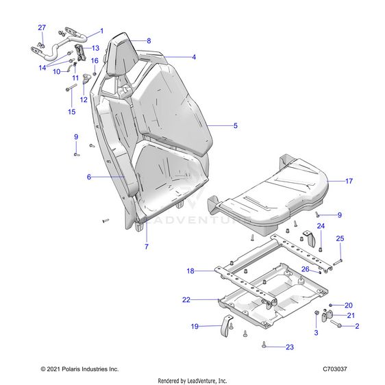 An Image of a Genuine Polaris Parts Schematic Diagram showing the schematic - BODY: SEAT ASM. REAR - 2023 POLARIS RZR TURBO R 4 ULTIMATE