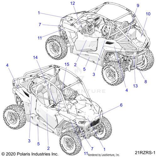 An Image of a Genuine Polaris Parts Schematic Diagram showing the schematic - BODY: DECALS - 2021 POLARIS RZR 900 TRAIL/TRAIL S