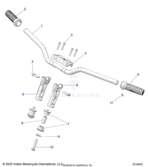 Exploded diagram of motorcycle handlebars and parts—grips, clamps, bolts, fasteners—each numbered. Features Riser Bottom Black/Mach (to 4/23/2024) by Polaris and other OEM parts. Available at Witchdoctors.com.