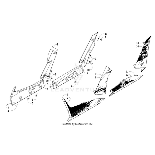 Exploded diagram of an Arctic Cat vehicle shows labeled parts, such as side panels, bolts, brackets, and the Decal Panel - Upper Front - Right by Arctic Cat. Each part is numbered for quick identification.