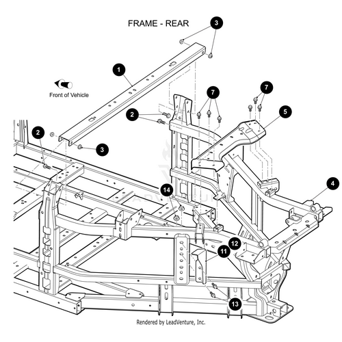 Diagram of a vehicle’s rear frame with labeled parts and bolts, featuring the Bed Bracket Latch Right by Arctic Cat. Arrows and numbers show assembly steps using OEM Arctic Cat parts. The front of the vehicle is marked for orientation.