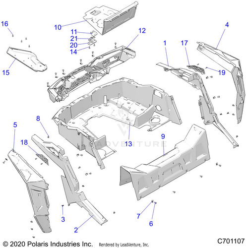 An Image of a Genuine Polaris Parts Schematic Diagram showing the schematic - BODY: REAR RACK AND FENDERS - 2020 POLARIS RZR S 4 1000
