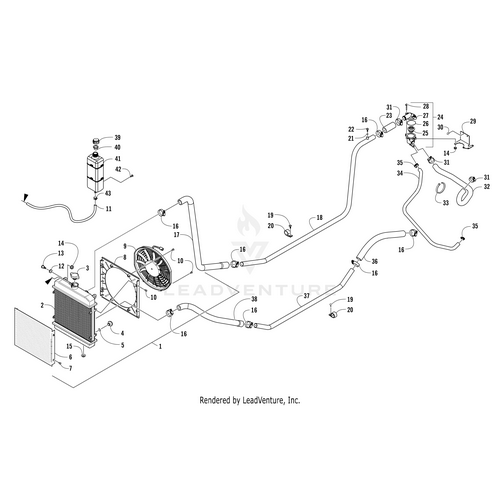 Exploded diagram of a vehicle cooling system featuring the Coolant Tube by Arctic Cat, radiator, fan, hoses, reservoir, clamps, and hardware—each part labeled with numbers for easy OEM Arctic Cat identification.
