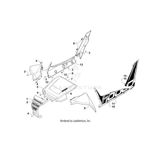 Exploded diagram of vehicle body parts, labeled 1–15, including panels, trim pieces, decals, and the Hood M.Black-Painted by Arctic Cat. Each part is shown separately for clear assembly with OEM Arctic Cat UTV/ATV accessories.