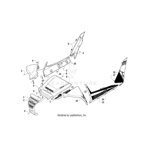 Exploded view diagram showing labeled body panels and parts, including the Hood Decal Right Vr by Arctic Cat with numbered callouts. Find detailed diagrams and OEM Arctic Cat replacements at Witchdoctors.com.
