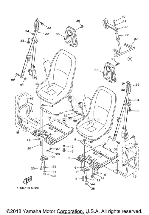 Exploded diagram of Grip by Yamaha, showing genuine Yamaha factory parts—two seat bases, two seat backs, mounting brackets, bolts, springs, and hardware—all labeled with reference numbers for easy identification.