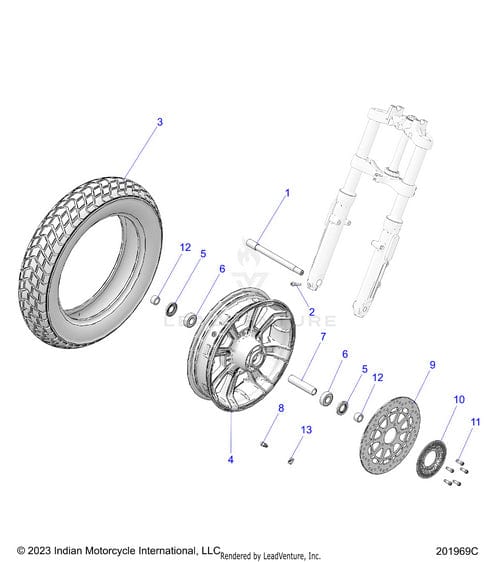 Exploded diagram of a motorcycle front wheel assembly with labeled parts, including the Tire Front K673F 130/90 16 Vt | [China Only] by Polaris, wheel, axle, bolts, spacers, brake disc, and fork. Components are separated and numbered.