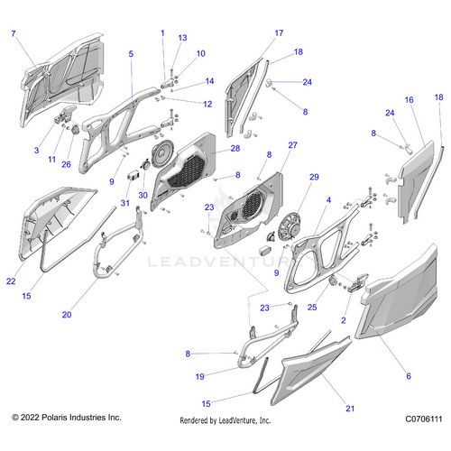 An Image of a Genuine Polaris Parts Schematic Diagram showing the schematic - BODY: DOORS REAR - 2023 POLARIS RZR XP 4 1000 PREMIUM RIDE COMMAND