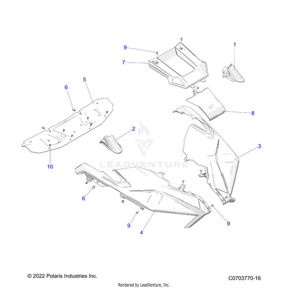 An Image of a Genuine Polaris Parts Schematic Diagram showing the schematic - BODY: HOOD RIDE COMMAND - 2023 POLARIS RZR TURBO R 4 PREMIUM RIDE COMMAND