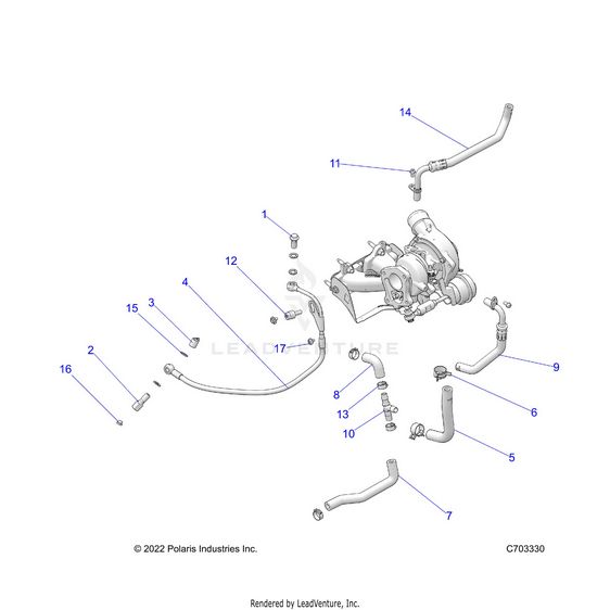 An Image of a Genuine Polaris Parts Schematic Diagram showing the schematic - ENGINE: TURBO COOLING AND OIL - 2024 POLARIS RZR TURBO R SPORT