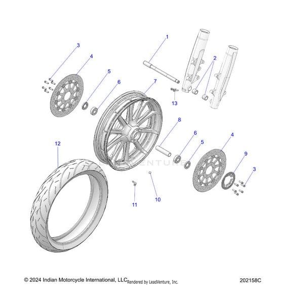 Exploded diagram of the Polaris Wheel Front 19x3.5 Cast Black (Incl. 5, 6, 8, 11) shows the tire, wheel, brake discs, axles, forks & hardware. Each numbered part matches genuine OEM specs for easy identification.