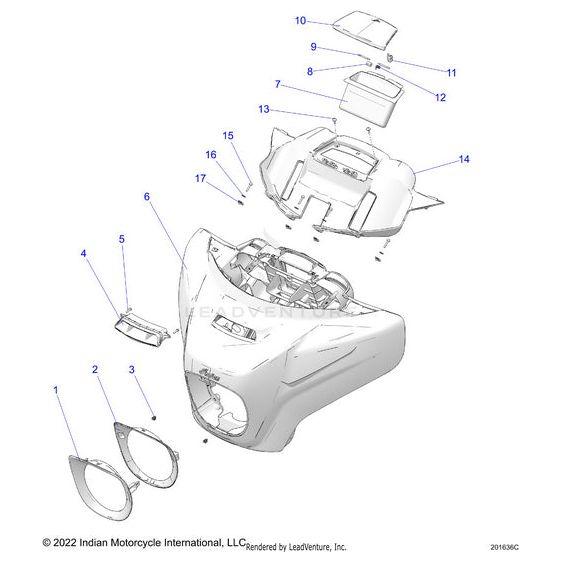 Exploded diagram of Fairing Front Sstredmt | [Sunset Red Metallic] by Polaris, displaying all numbered parts—main fairing, headlight covers, and internal components—each separated and clearly labeled for easy identification.