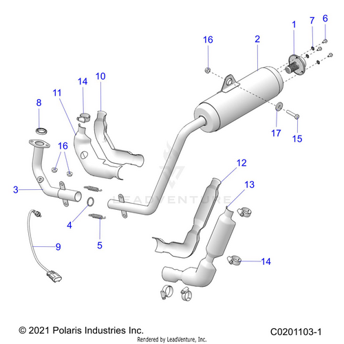 An Image of a Genuine Polaris Parts Schematic Diagram showing the schematic - ENGINE: EXHAUST - 2025 POLARIS RZR 200 EVAP