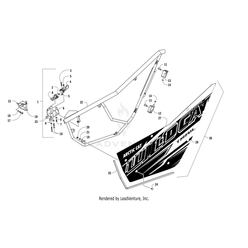 Exploded diagram of the Door Panel W/Decal-Right-Black (Wc Trail Se 17) by Arctic Cat, labeled with parts like frame, fasteners, and electrical components—perfect for OEM Arctic Cat replacements or UTV ATV upgrades.