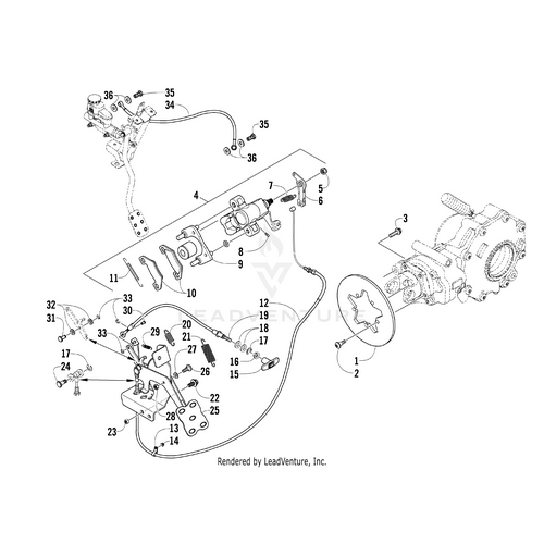 Exploded technical diagram of a brake assembly with numbered parts—levers, rods, bolts, cables—and highlights for OEM Arctic Cat Pin B from Witchdoctors.com.