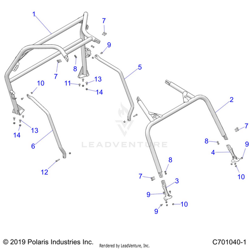An Image of a Genuine Polaris Parts Schematic Diagram showing the schematic - CHASSIS: CAB FRAME - 2020 POLARIS RZR 570