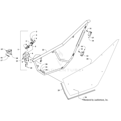 Exploded diagram of the Door Panel W/Decals-Left (Wc Trail Ltd 18) by Arctic Cat, with numbered parts like brackets and screws—ideal for identifying OEM components during assembly or repair of your UTV or ATV.