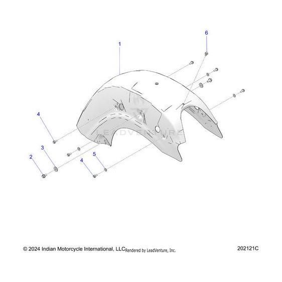 Technical diagram of the Weld Fender Rear Spfdblu [Springfield Blue] by Polaris, showing an angled view with OEM fasteners and parts numbered 1 to 6 for assembly reference.