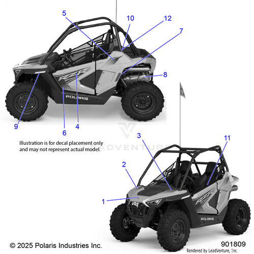 An Image of a Genuine Polaris Parts Schematic Diagram showing the schematic - BODY: DECALS - 2026 POLARIS RZR 200 MD
