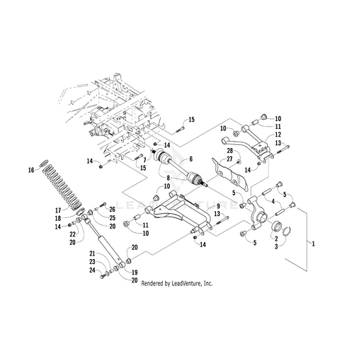 Exploded diagram of a vehicle’s rear suspension shows labeled parts like control arms, coil spring, shock absorber, tie rods, and the Boot Guard-Rear-Left Lime Green by Arctic Cat. Each component is numbered for easy OEM Arctic Cat part reference.