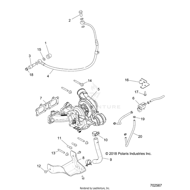 An Image of a Genuine Polaris Parts Schematic Diagram showing the schematic - ENGINE: TURBO CHARGER MOUNTING - 2019 POLARIS RZR XP 4 TURBO S