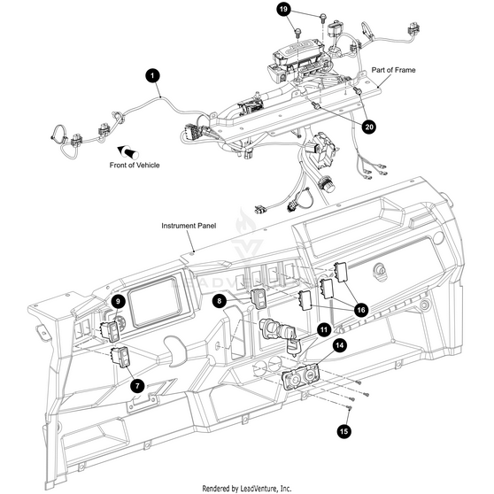A detailed diagram displays the internal wiring and components of a vehicles instrument panel, with numbered labels identifying electrical parts, wire connections, and features like the Arctic Cat Usb Port W/ 12V 12V Input.