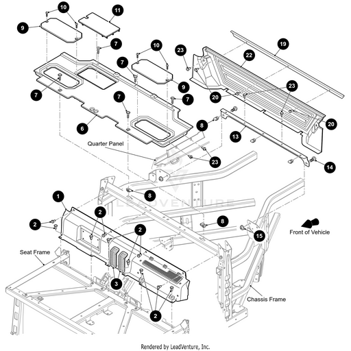 Exploded diagram of a vehicle’s rear side panel and seat frame assembly, labeling OEM Arctic Cat parts such as the Cargo Tray Door (Heat Shield Required See Section M), quarter panel, chassis frame, panels, and fasteners with numbered callouts.
