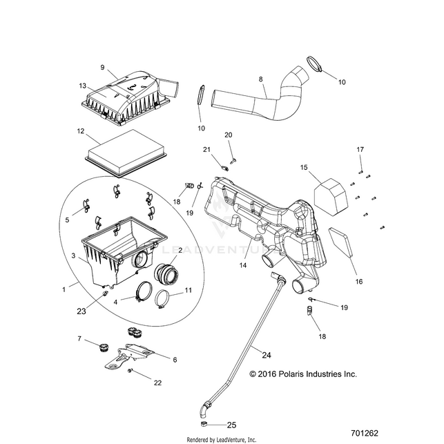 An Image of a Genuine Polaris Parts Schematic Diagram showing the schematic - ENGINE: AIR INTAKE SYSTEM - 2018 POLARIS RZR 570 EPS