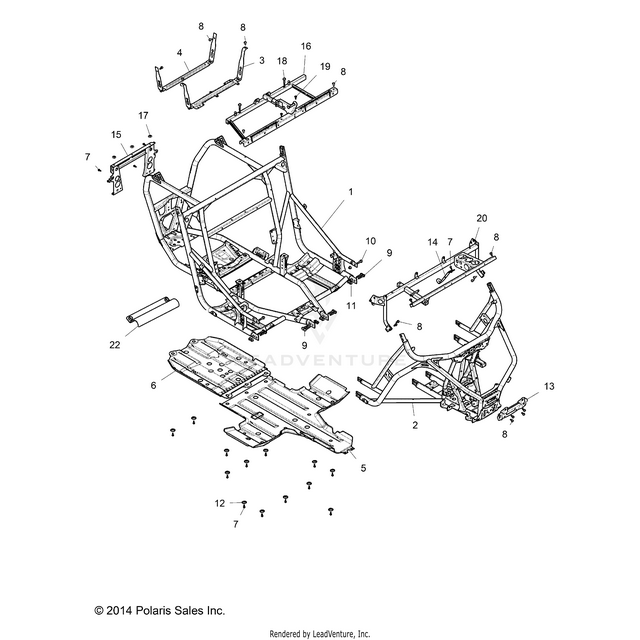 An Image of a Genuine Polaris Parts Schematic Diagram showing the schematic - CHASSIS: MAIN FRAME AND SKID PLATES - 2015 POLARIS RZR XP 1000