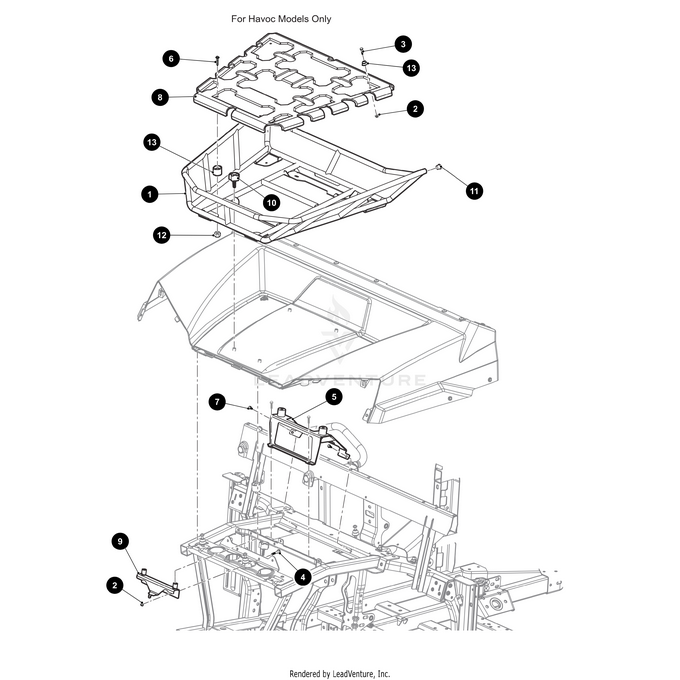 Exploded diagram of a vehicle roof assembly showing numbered components for Havoc models, featuring the OEM Arctic Cat Hoodrack Mount Front Black-Weld and framework, with each part separated and labeled for easy identification.