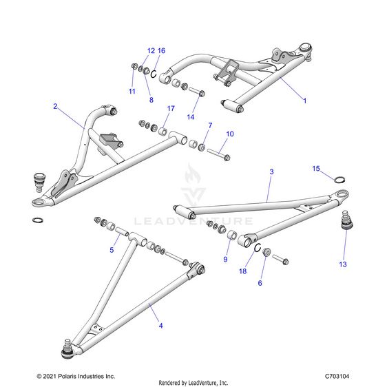 An Image of a Genuine Polaris Parts Schematic Diagram showing the schematic - SUSPENSION: FRONT CONTROL ARMS - 2024 POLARIS RZR XP 1000 ULTIMATE