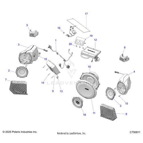 An Image of a Genuine Polaris Parts Schematic Diagram showing the schematic - ELECTRICAL: AUDIO FRONT - 2025 POLARIS RZR PRO R 4 RACE REPLICA LE EVAP