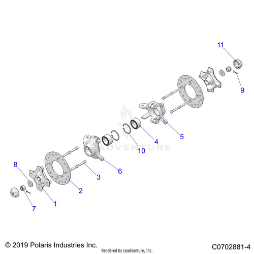 An Image of a Genuine Polaris Parts Schematic Diagram showing the schematic - SUSPENSION: FRONT CARRIER AND HUB - 2020 POLARIS RZR PRO XP