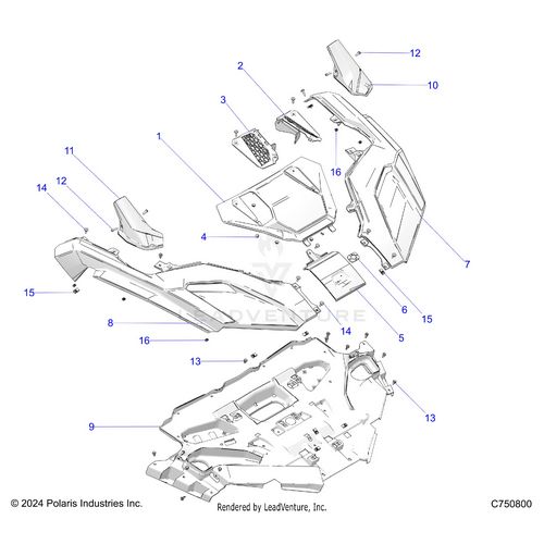An Image of a Genuine Polaris Parts Schematic Diagram showing the schematic - BODY: FRONT FENDER AND HOOD - 2025 POLARIS RZR PRO S 4 ULTIMATE