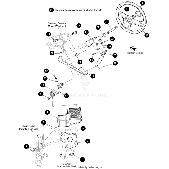 Exploded diagram of Steering Column Assembly Includes Item 22 by Arctic Cat, with labeled and numbered parts—steering wheel, brackets, shafts, bolts—and an arrow to indicate vehicle front; ideal for sourcing OEM Arctic Cat components.