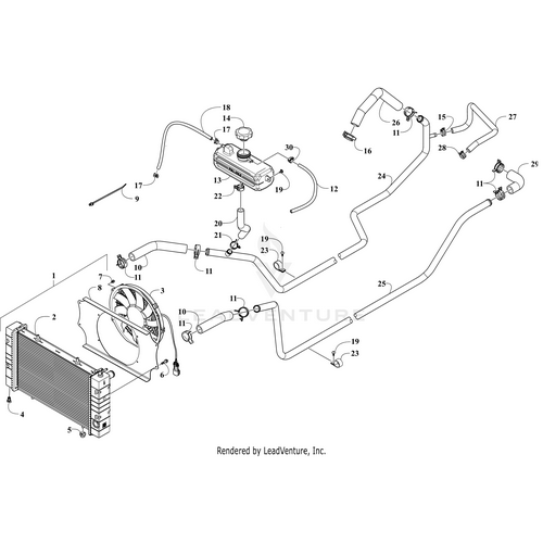Exploded diagram of a vehicle’s cooling system featuring the Coolant Pipe - Thermostat/Radiator by Arctic Cat, hoses, fan, coolant reservoir, and connectors—each genuine Arctic Cat part is clearly numbered for easy identification.