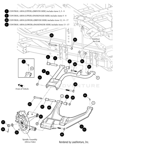 Technical diagram showing front suspension components, featuring the Arctic Cat Control Arm Rear Lower Right Painted Med Green, spindle assembly, stabilizer bar link, and bolts; parts are numbered with indicators for front and driver side.